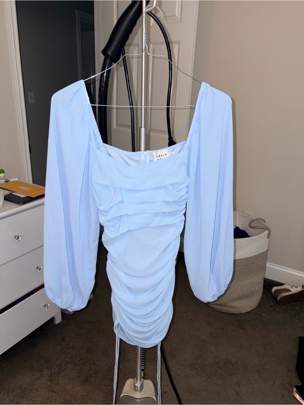Hello Molly Powder Blue Ruched Long-Sleeve Mini Dress
